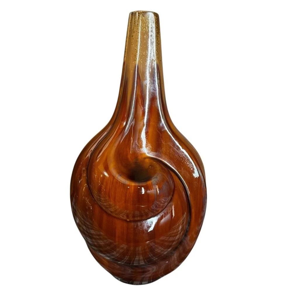 Large Sculptural Pottery Vase Brown Drip Glaze Swirl Abstract Art MCM Style 14